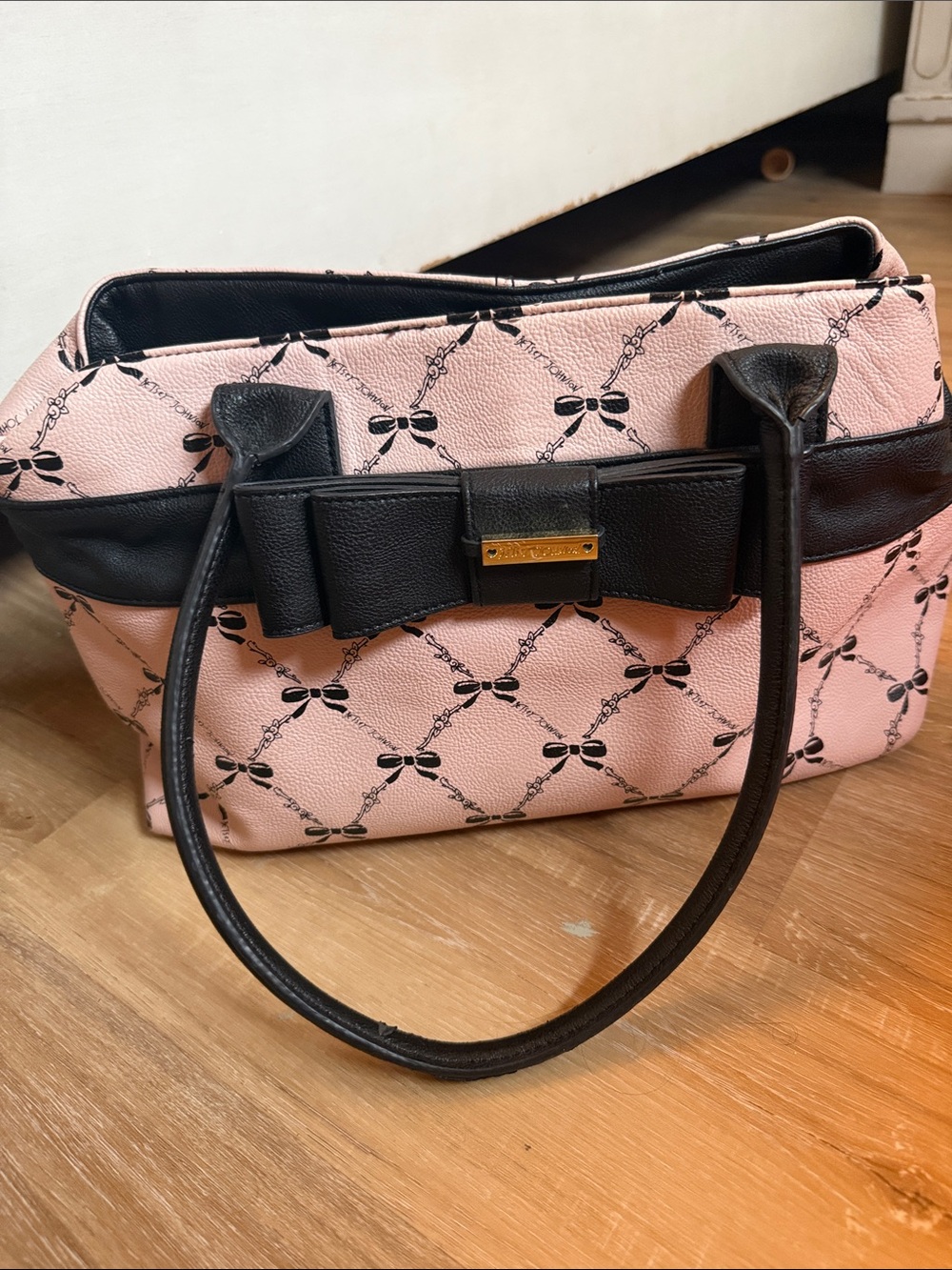 Betsy Johnson Pink and Black Bow-Accent Tote Bag